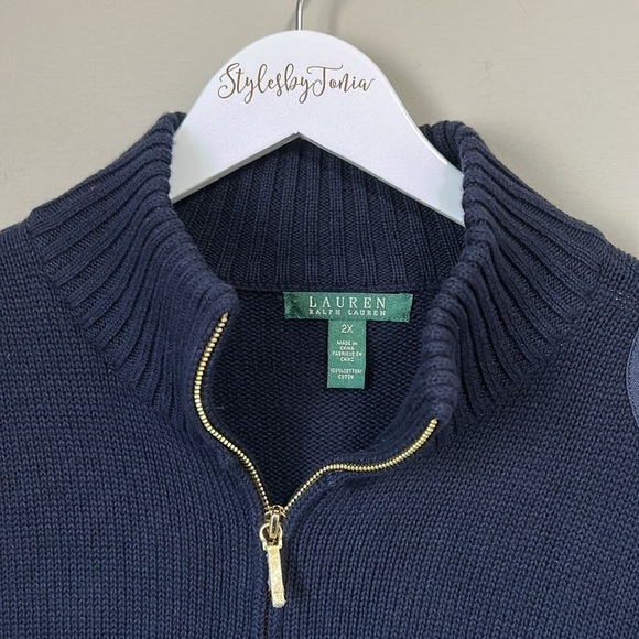 Lauren Ralph Lauren Womens Full Zip Navy Blue Shoulder Patch Knit Sweater Sz 2X - Picture 2 of 13